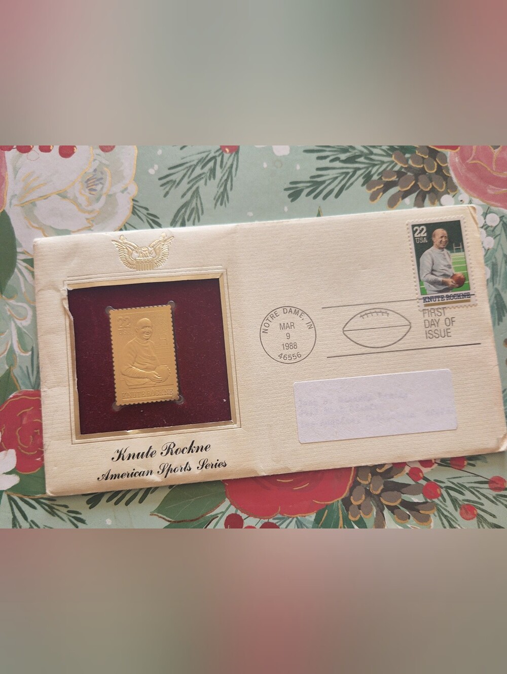 Vintage 1988 Knute Rockne 22kt Gold Stamp First Day Cover Notre Dame Football